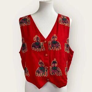 90's Vintage red embroidered vest. Women's small. Fall gold green tapestry